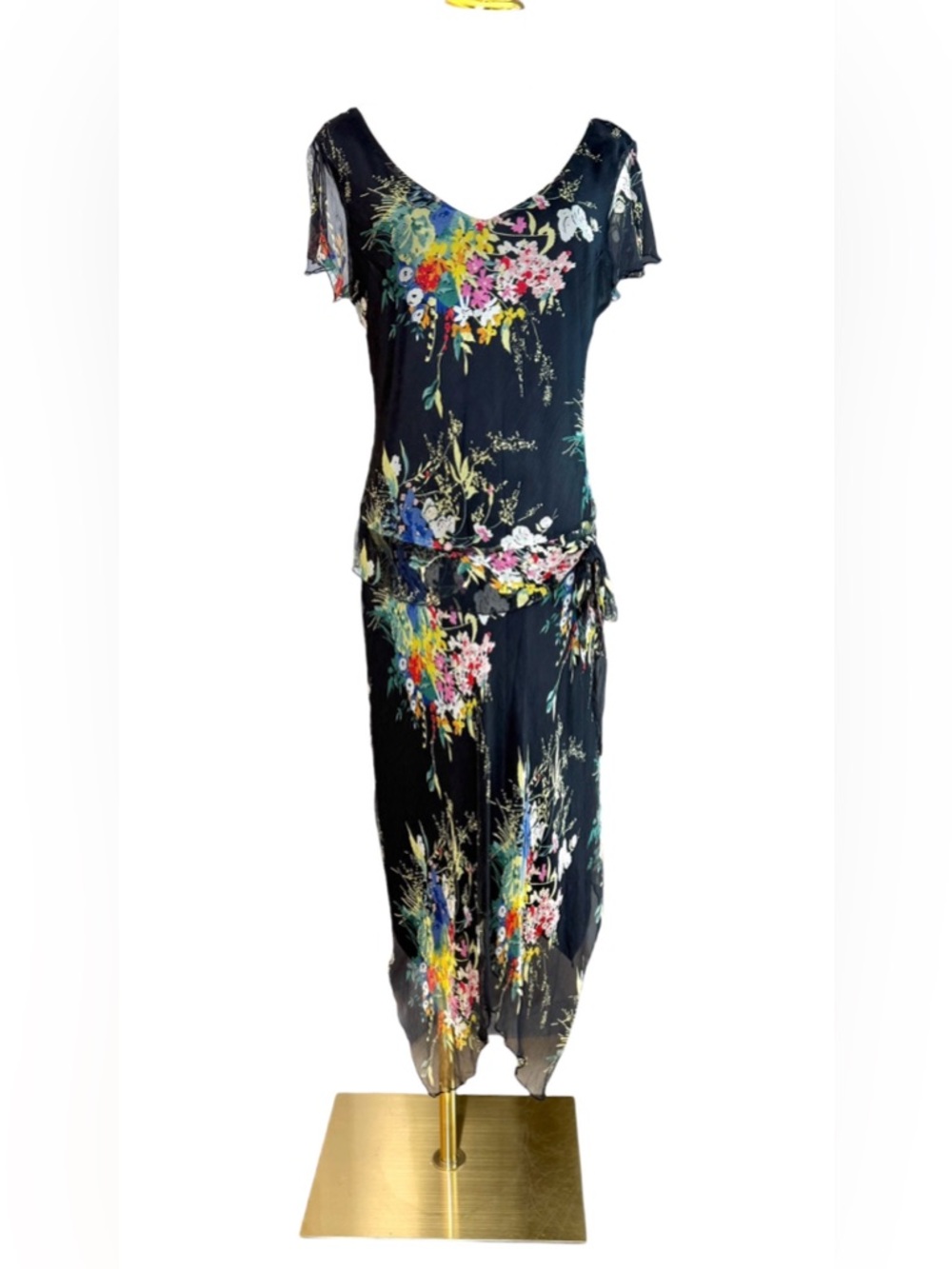 Vintage 90s Silk Fairy Dress Black Floral Whimsigoth Sheer Chiffon Prom Formal